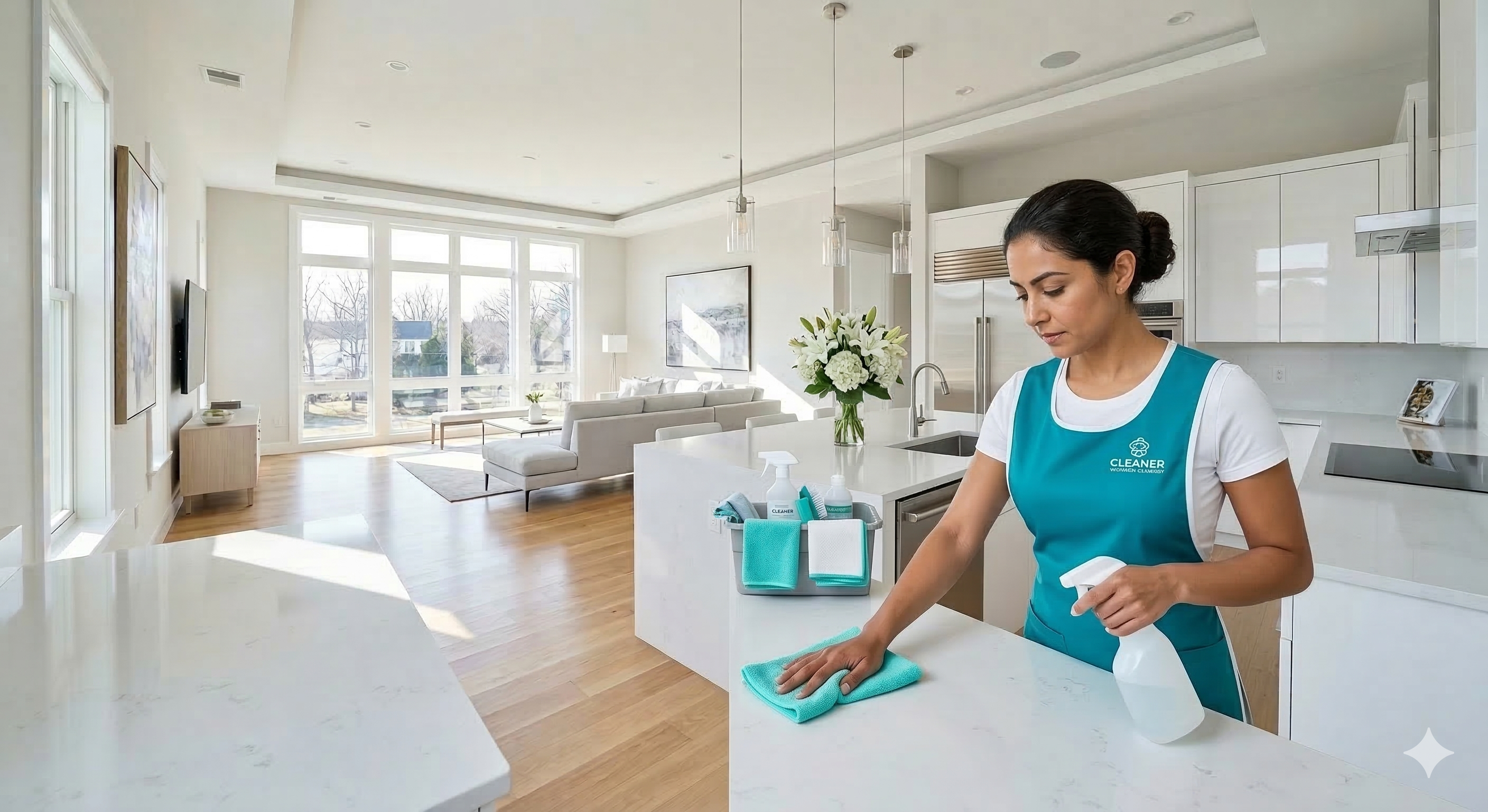 Professional cleaner tidying a living room